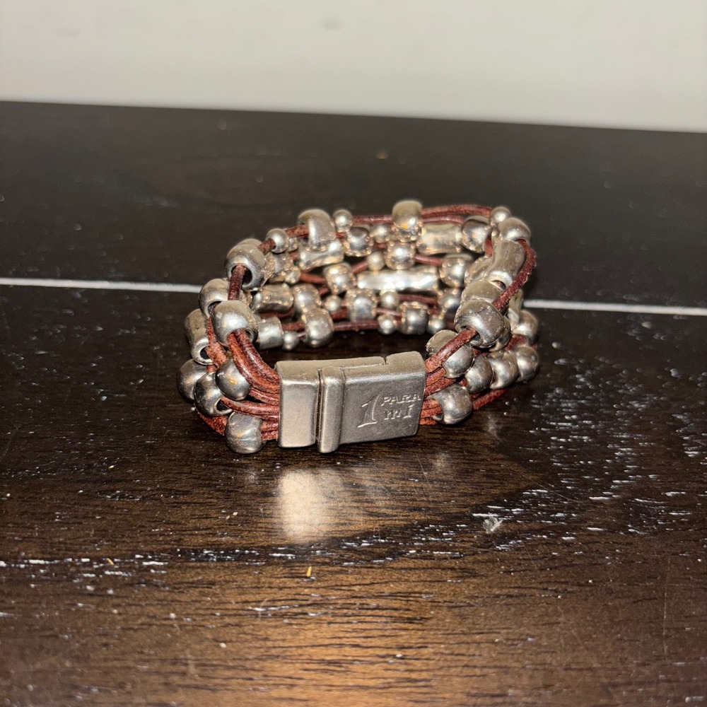 1 Para Mi | Leather and Silver Plated | Multi Strand‎ Bead Bracelet